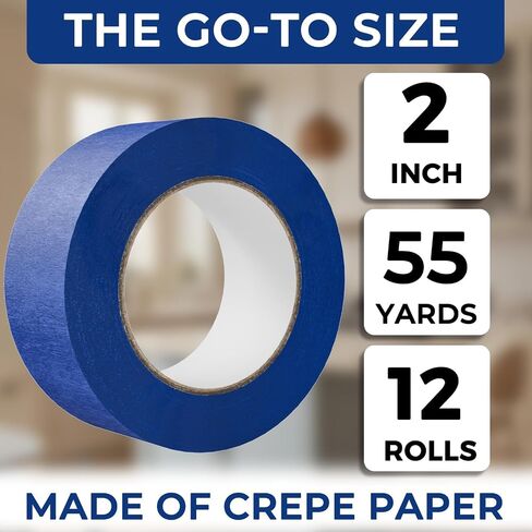SWRT Blue Painters Tape 2 Inch Wide, 12 Rolls, 55 Yards Each, Clean Removal | Cover More per Strip; Crisp Paint Lines; Protect Walls & Trim; Easy to See & Align; Hand Tear, No Tools; No Mid-Project Pause in Kuwait
