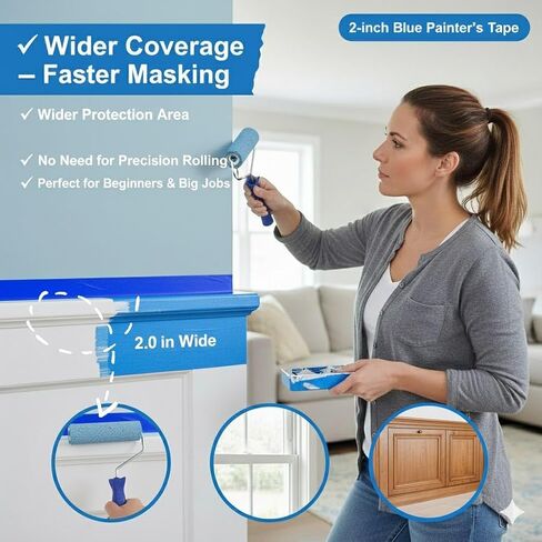 SWRT Blue Painters Tape 2 Inch Wide, 12 Rolls, 55 Yards Each, Clean Removal | Cover More per Strip; Crisp Paint Lines; Protect Walls & Trim; Easy to See & Align; Hand Tear, No Tools; No Mid-Project Pause in Kuwait