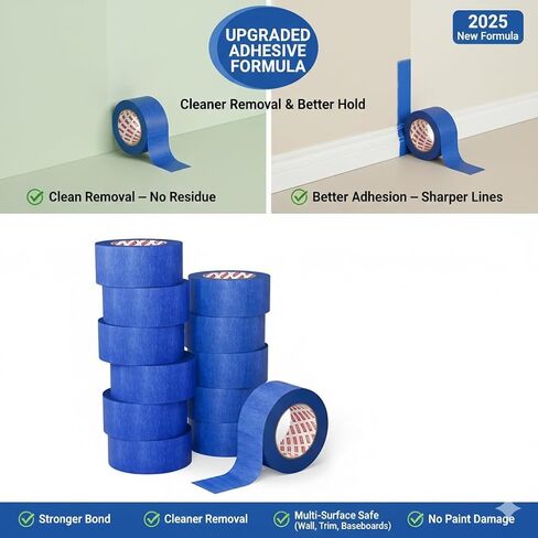 SWRT Blue Painters Tape 2 Inch Wide, 12 Rolls, 55 Yards Each, Clean Removal | Cover More per Strip; Crisp Paint Lines; Protect Walls & Trim; Easy to See & Align; Hand Tear, No Tools; No Mid-Project Pause in Kuwait