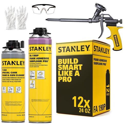 Stanley FA190P Subfloor Adhesive Kit (12x24 Oz) – Polyurethane Expanding Foam Construction Adhesive with Strong Bonding for Wood, Concrete, Metal – High Coverage | Gun&Cleaner Included | 12 Pack in Kuwait