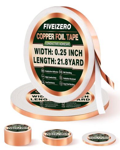 FIVEIZERO Copper Foil Tape, 2 Rolls, 1/4 Inch x 21.8 Yards | Dual conductive adhesive, 0.1mm thick, solderable, hand tearable, clean removal, EMI/RFI shielding in Saudi Arabia