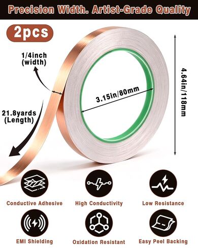FIVEIZERO Copper Foil Tape, 2 Rolls, 1/4 Inch x 21.8 Yards | Dual conductive adhesive, 0.1mm thick, solderable, hand tearable, clean removal, EMI/RFI shielding in Saudi Arabia