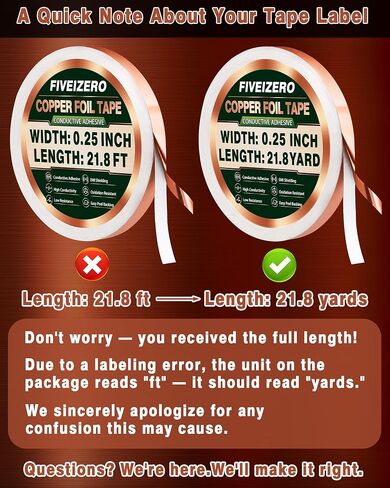 FIVEIZERO Copper Foil Tape, 2 Rolls, 1/4 Inch x 21.8 Yards | Dual conductive adhesive, 0.1mm thick, solderable, hand tearable, clean removal, EMI/RFI shielding in Saudi Arabia