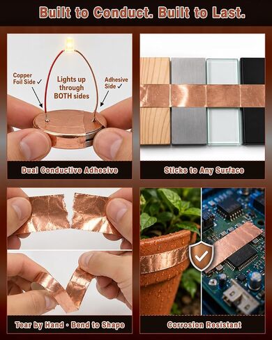 FIVEIZERO Copper Foil Tape, 2 Rolls, 1/4 Inch x 21.8 Yards | Dual conductive adhesive, 0.1mm thick, solderable, hand tearable, clean removal, EMI/RFI shielding in Saudi Arabia