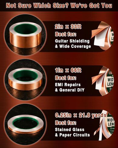 FIVEIZERO Copper Foil Tape, 2 Rolls, 1/4 Inch x 21.8 Yards | Dual conductive adhesive, 0.1mm thick, solderable, hand tearable, clean removal, EMI/RFI shielding in Saudi Arabia