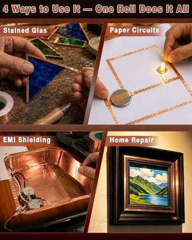 FIVEIZERO Copper Foil Tape, 2 Rolls, 1/4 Inch x 21.8 Yards | Dual conductive adhesive, 0.1mm thick, solderable, hand tearable, clean removal, EMI/RFI shielding in Saudi Arabia