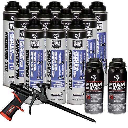Touch N Seal All Seasons Polyurethane Gun Foam Spray Sealant Kit - 12/24oz Cans (1 Case), 2/12oz Cans Zero FOC Polyurethane Foam Cleaner, and 1 - Reusable Applicator Gun in Kuwait