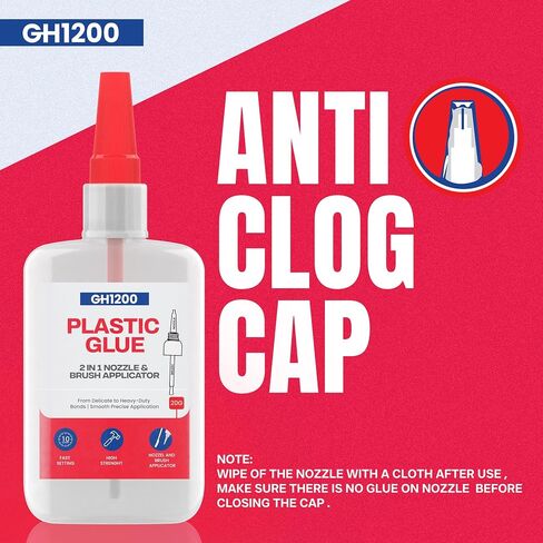 GH1200 (2 في 1) غراء فائق للبلاستيك مع أداة توزيع الفرشاة والفوهة - غراء بلاستيكي سريع الإعداد شديد التحمل للروابط الصلبة، DIY والمزيد، شفاف كريستالي ولا يحتوي على غراء مقاوم للبقع in Kuwait