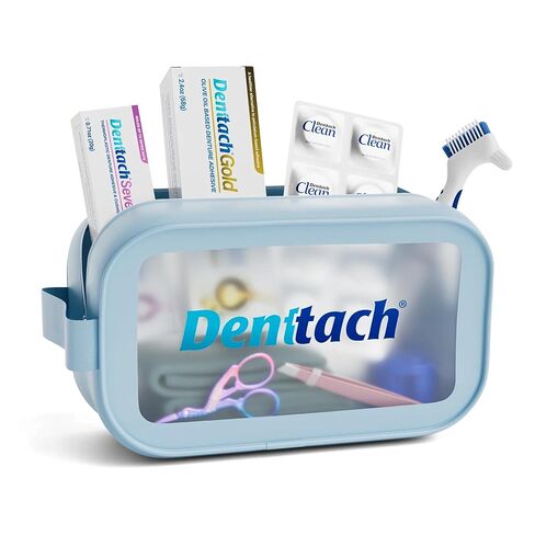 Denture Starter Kit, 9 Piece Kit Includes Denttach Seven Thermoplastic Denture Adhesive, Gold Denture Adhesive, Clean Tablets, Case, Brush, Scissors, Tweezers, Microfiber Towel & Travel Case in Kuwait