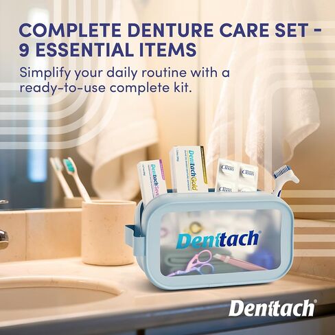 Denture Starter Kit, 9 Piece Kit Includes Denttach Seven Thermoplastic Denture Adhesive, Gold Denture Adhesive, Clean Tablets, Case, Brush, Scissors, Tweezers, Microfiber Towel & Travel Case in Kuwait