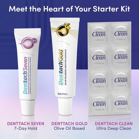 Denture Starter Kit, 9 Piece Kit Includes Denttach Seven Thermoplastic Denture Adhesive, Gold Denture Adhesive, Clean Tablets, Case, Brush, Scissors, Tweezers, Microfiber Towel & Travel Case in Kuwait