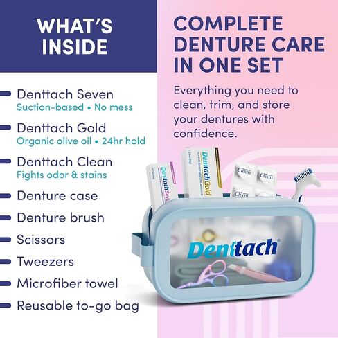 Denture Starter Kit, 9 Piece Kit Includes Denttach Seven Thermoplastic Denture Adhesive, Gold Denture Adhesive, Clean Tablets, Case, Brush, Scissors, Tweezers, Microfiber Towel & Travel Case in Kuwait