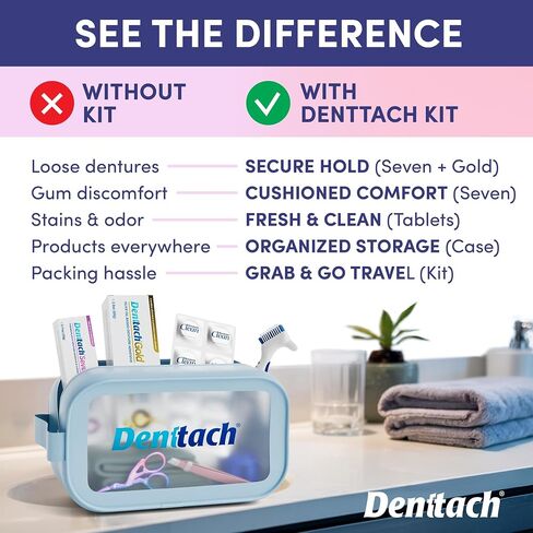 Denture Starter Kit, 9 Piece Kit Includes Denttach Seven Thermoplastic Denture Adhesive, Gold Denture Adhesive, Clean Tablets, Case, Brush, Scissors, Tweezers, Microfiber Towel & Travel Case in Kuwait