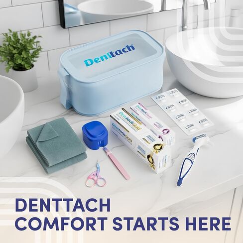 Denture Starter Kit, 9 Piece Kit Includes Denttach Seven Thermoplastic Denture Adhesive, Gold Denture Adhesive, Clean Tablets, Case, Brush, Scissors, Tweezers, Microfiber Towel & Travel Case in Kuwait