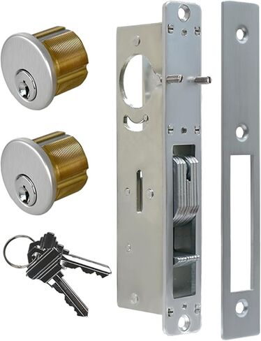 Commercial Mortise Door Lock with Double Cylinder, 1-1/8" Backset Storefront Door Hook Bolt Lock, Solid Brass Cylinder, Direct Replacement for Aluminum Narrow Stile Doors (Silver) in Kuwait