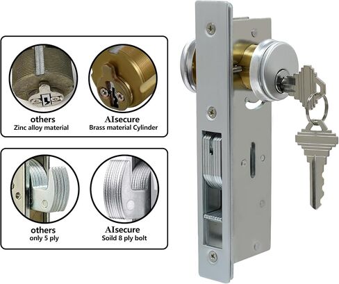 Commercial Mortise Door Lock with Double Cylinder, 1-1/8" Backset Storefront Door Hook Bolt Lock, Solid Brass Cylinder, Direct Replacement for Aluminum Narrow Stile Doors (Silver) in Kuwait