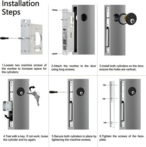 Commercial Mortise Door Lock with Double Cylinder, 1-1/8" Backset Storefront Door Hook Bolt Lock, Solid Brass Cylinder, Direct Replacement for Aluminum Narrow Stile Doors (Silver) in Kuwait
