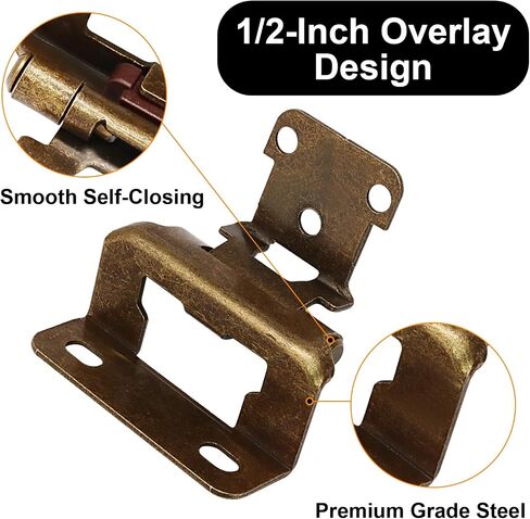 Waziaqoc 4-Pack 2 Pair Steel Cabinet Hinges Antique Brass Cabinet Hinge, 1/2 Inch Overlay Partial Wrap Self-Closing Cabinet Door Hinges, for Face Frame Mount Cupboard Doors. in Kuwait