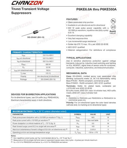 (عبوة من 50 قطعة) Chanzon TVS Diodes P6KE400A P6KE400 600W 400V DO-15 (DO-204AC) قناة محورية أحادية الاتجاه 600 وات 400 فولت in Kuwait