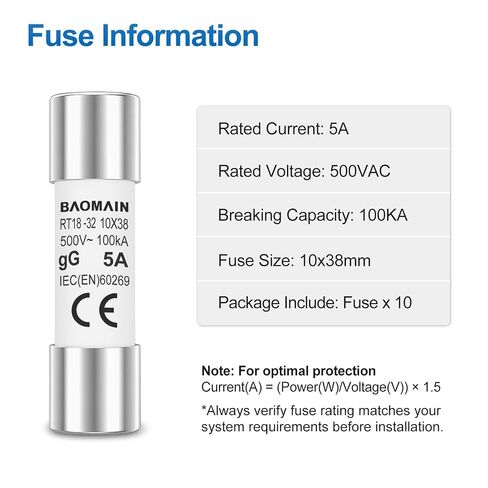 Baomain 10-Pack 5A Fuse Link، RT18-32 (RO15 RT14 RT19)، أنبوب سيراميك أسطواني 10 × 38 مم 500 فولت in Kuwait