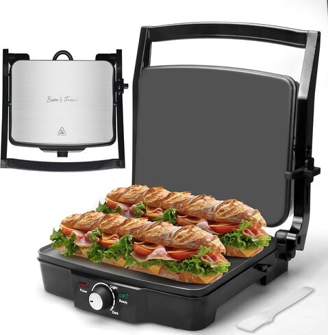 Baker's Friend Panini Press Electric Griddle, Panini Grill Press Sandwich Maker Press, Grilled Cheese Maker, Sandwichera Electrical, Browning Control, Non Stick Surfaces, 4-Slices, Stainless Steel in Kuwait