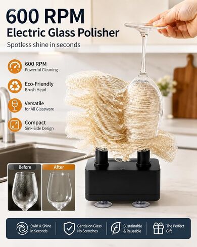 Wine Glass Cleaner Polisher Washer Machine for Home kitchen Sink with Eco-Friendly Brush Head Quick Polish&Clean Beer Whiskey Highball Glassware polishing kit 600 RPM in Kuwait
