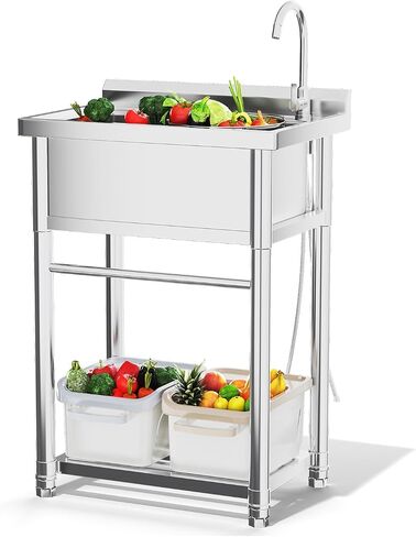 Stainless Steel Utility Sink with Shelves, Free Standing Single Bowl Commercial Kitchen Sinks with Drawer & Water Pipes, Stainless Steel Prep Table Countertop Workbench for Home Restaurant in Kuwait