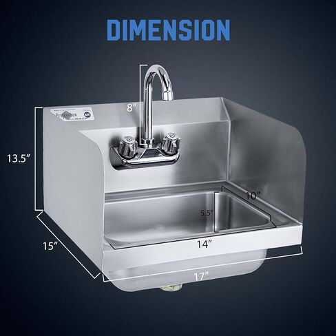 Profeeshaw Commercial Hand Sink with Side Splash Guards, Wall Mount Utility Sink, 304 Stainless Steel Wash Basin with Gooseneck Faucet and Drain Basket for Restaurant and Bar, 17 x 15 Inch in Kuwait