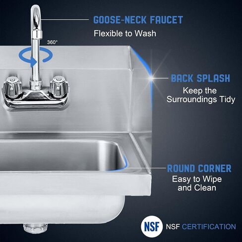 Profeeshaw Commercial Hand Sink with Side Splash Guards, Wall Mount Utility Sink, 304 Stainless Steel Wash Basin with Gooseneck Faucet and Drain Basket for Restaurant and Bar, 17 x 15 Inch in Kuwait