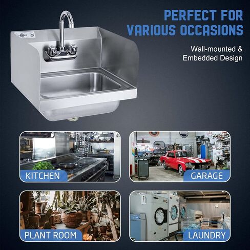 Profeeshaw Commercial Hand Sink with Side Splash Guards, Wall Mount Utility Sink, 304 Stainless Steel Wash Basin with Gooseneck Faucet and Drain Basket for Restaurant and Bar, 17 x 15 Inch in Kuwait