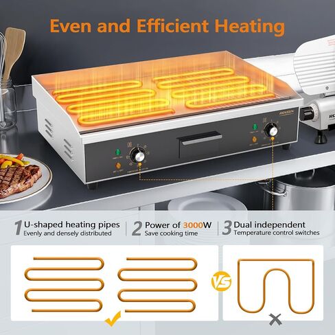 شواية كهربائية ROVSUN مقاس 30 بوصة، سطح عمل كهربائي مع شواية نصف مسطحة، شواية 3000 واط من الفولاذ المقاوم للصدأ مع تحكم في درجة الحرارة قابل للتعديل 122 درجة فهرنهايت - 572 درجة فهرنهايت لمطعم المنزل التجاري، قابس in Kuwait