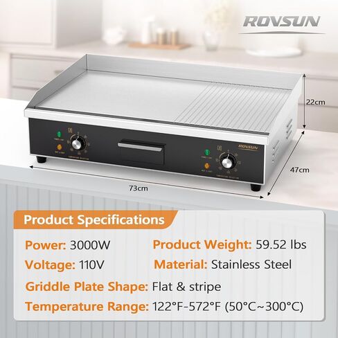 شواية كهربائية ROVSUN مقاس 30 بوصة، سطح عمل كهربائي مع شواية نصف مسطحة، شواية 3000 واط من الفولاذ المقاوم للصدأ مع تحكم في درجة الحرارة قابل للتعديل 122 درجة فهرنهايت - 572 درجة فهرنهايت لمطعم المنزل التجاري، قابس in Kuwait