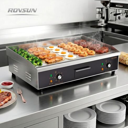 شواية كهربائية ROVSUN مقاس 30 بوصة، سطح عمل كهربائي مع شواية نصف مسطحة، شواية 3000 واط من الفولاذ المقاوم للصدأ مع تحكم في درجة الحرارة قابل للتعديل 122 درجة فهرنهايت - 572 درجة فهرنهايت لمطعم المنزل التجاري، قابس in Kuwait