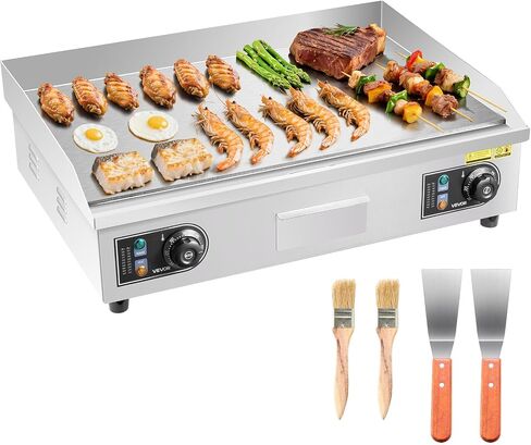 VEVOR Commercial Electric Griddle, 25.79 x 15.75 inch, 2800W, 122-570°F Adjustable Temp Control, Stainless Steel Body, Full Flat, with 2 Spatulas, 2 Brushes, and 4 Foot Pads, for Steak(NO PLUG) in Kuwait