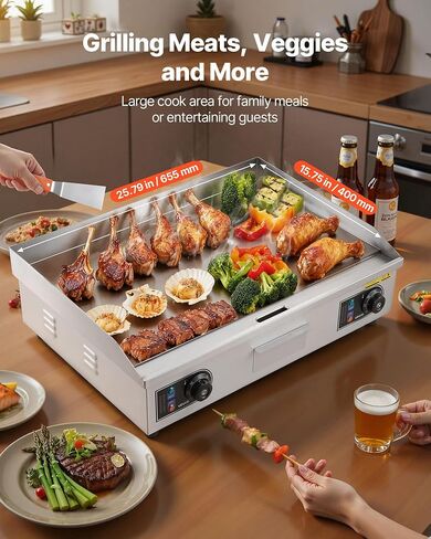 VEVOR Commercial Electric Griddle, 25.79 x 15.75 inch, 2800W, 122-570°F Adjustable Temp Control, Stainless Steel Body, Full Flat, with 2 Spatulas, 2 Brushes, and 4 Foot Pads, for Steak(NO PLUG) in Kuwait