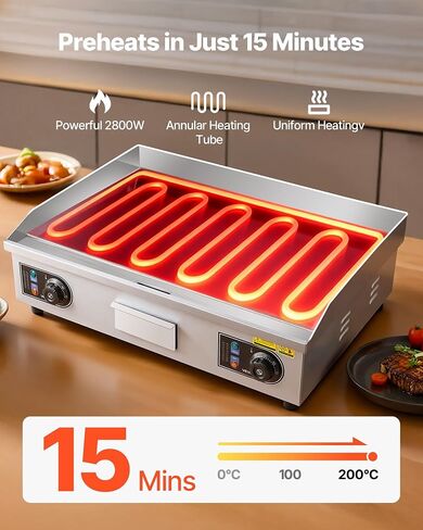 VEVOR Commercial Electric Griddle, 25.79 x 15.75 inch, 2800W, 122-570°F Adjustable Temp Control, Stainless Steel Body, Full Flat, with 2 Spatulas, 2 Brushes, and 4 Foot Pads, for Steak(NO PLUG) in Kuwait