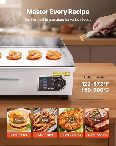 VEVOR Commercial Electric Griddle, 25.79 x 15.75 inch, 2800W, 122-570°F Adjustable Temp Control, Stainless Steel Body, Full Flat, with 2 Spatulas, 2 Brushes, and 4 Foot Pads, for Steak(NO PLUG) in Kuwait