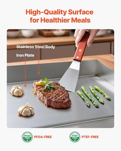 VEVOR Commercial Electric Griddle, 25.79 x 15.75 inch, 2800W, 122-570°F Adjustable Temp Control, Stainless Steel Body, Full Flat, with 2 Spatulas, 2 Brushes, and 4 Foot Pads, for Steak(NO PLUG) in Kuwait