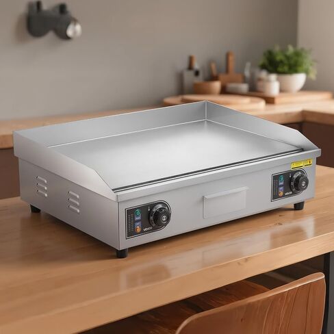 VEVOR Commercial Electric Griddle, 25.79 x 15.75 inch, 2800W, 122-570°F Adjustable Temp Control, Stainless Steel Body, Full Flat, with 2 Spatulas, 2 Brushes, and 4 Foot Pads, for Steak(NO PLUG) in Kuwait