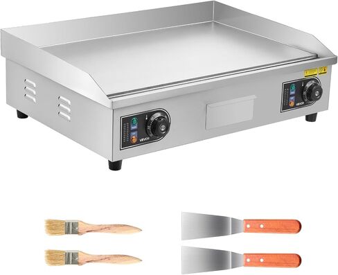VEVOR Commercial Electric Griddle, 25.79 x 15.75 inch, 2800W, 122-570°F Adjustable Temp Control, Stainless Steel Body, Full Flat, with 2 Spatulas, 2 Brushes, and 4 Foot Pads, for Steak(NO PLUG) in Kuwait