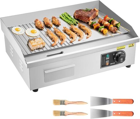 VEVOR Commercial Electric Griddle, 21.06 x 11.81 inch, 1750W, 122-570°F Adjustable Temp Control, Stainless Steel Body, Half Grooved Half Flat, with 2 Spatulas, 2 Brushes, and 4 Foot Pads, for Steak in Kuwait