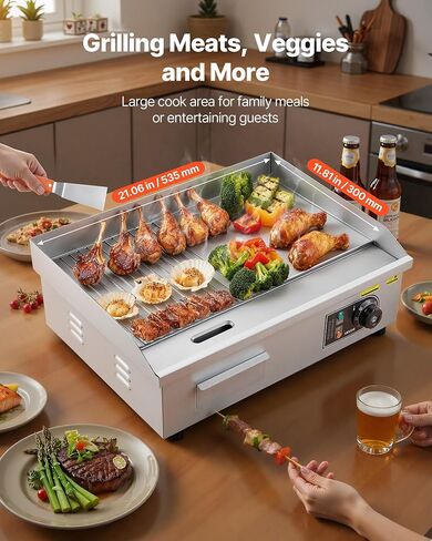 VEVOR Commercial Electric Griddle, 21.06 x 11.81 inch, 1750W, 122-570°F Adjustable Temp Control, Stainless Steel Body, Half Grooved Half Flat, with 2 Spatulas, 2 Brushes, and 4 Foot Pads, for Steak in Kuwait