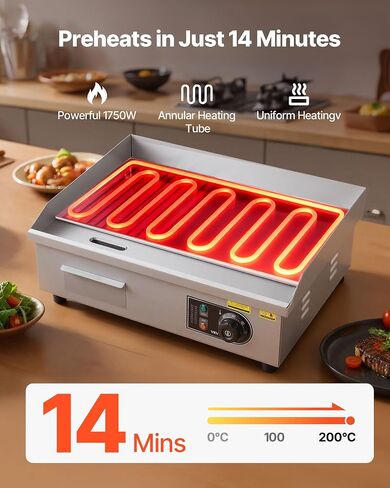 VEVOR Commercial Electric Griddle, 21.06 x 11.81 inch, 1750W, 122-570°F Adjustable Temp Control, Stainless Steel Body, Half Grooved Half Flat, with 2 Spatulas, 2 Brushes, and 4 Foot Pads, for Steak in Kuwait