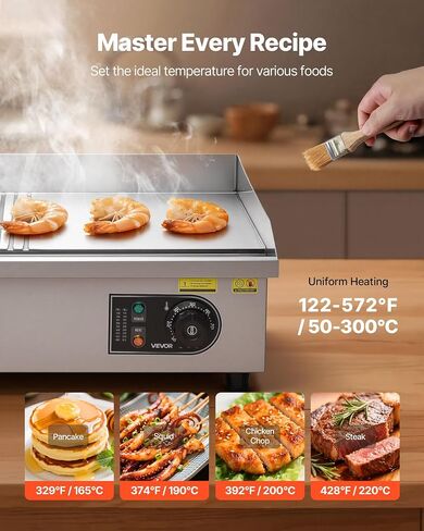 VEVOR Commercial Electric Griddle, 21.06 x 11.81 inch, 1750W, 122-570°F Adjustable Temp Control, Stainless Steel Body, Half Grooved Half Flat, with 2 Spatulas, 2 Brushes, and 4 Foot Pads, for Steak in Kuwait