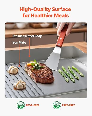 VEVOR Commercial Electric Griddle, 21.06 x 11.81 inch, 1750W, 122-570°F Adjustable Temp Control, Stainless Steel Body, Half Grooved Half Flat, with 2 Spatulas, 2 Brushes, and 4 Foot Pads, for Steak in Kuwait
