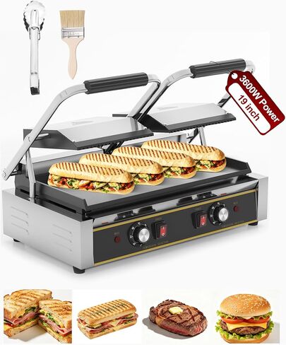 Commercial Panini Press — 19"x9" Cast Iron Enamel Plate, Adjustable Temp, 3600W Electric Sandwich Maker, Stainless Steel, Professional Panini Press Grill for Hamburger, Steak, Bacon in Kuwait