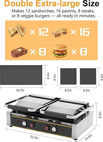 Commercial Panini Press — 19"x9" Cast Iron Enamel Plate, Adjustable Temp, 3600W Electric Sandwich Maker, Stainless Steel, Professional Panini Press Grill for Hamburger, Steak, Bacon in Kuwait
