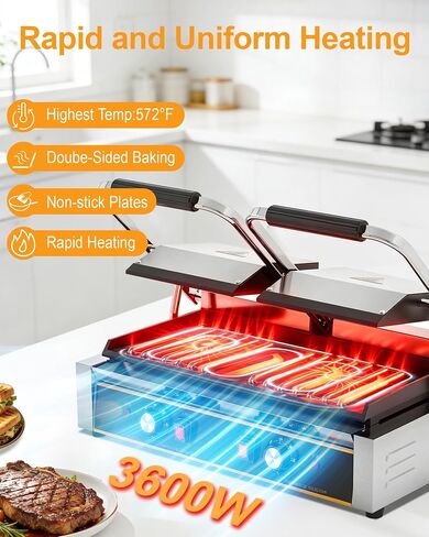 Commercial Panini Press — 19"x9" Cast Iron Enamel Plate, Adjustable Temp, 3600W Electric Sandwich Maker, Stainless Steel, Professional Panini Press Grill for Hamburger, Steak, Bacon in Kuwait
