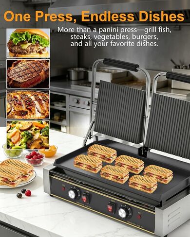 Commercial Panini Press — 19"x9" Cast Iron Enamel Plate, Adjustable Temp, 3600W Electric Sandwich Maker, Stainless Steel, Professional Panini Press Grill for Hamburger, Steak, Bacon in Kuwait