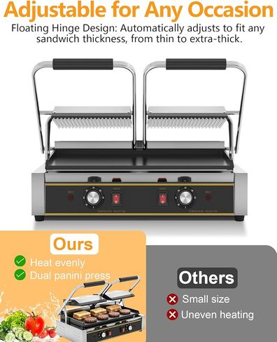 Commercial Panini Press — 19"x9" Cast Iron Enamel Plate, Adjustable Temp, 3600W Electric Sandwich Maker, Stainless Steel, Professional Panini Press Grill for Hamburger, Steak, Bacon in Kuwait